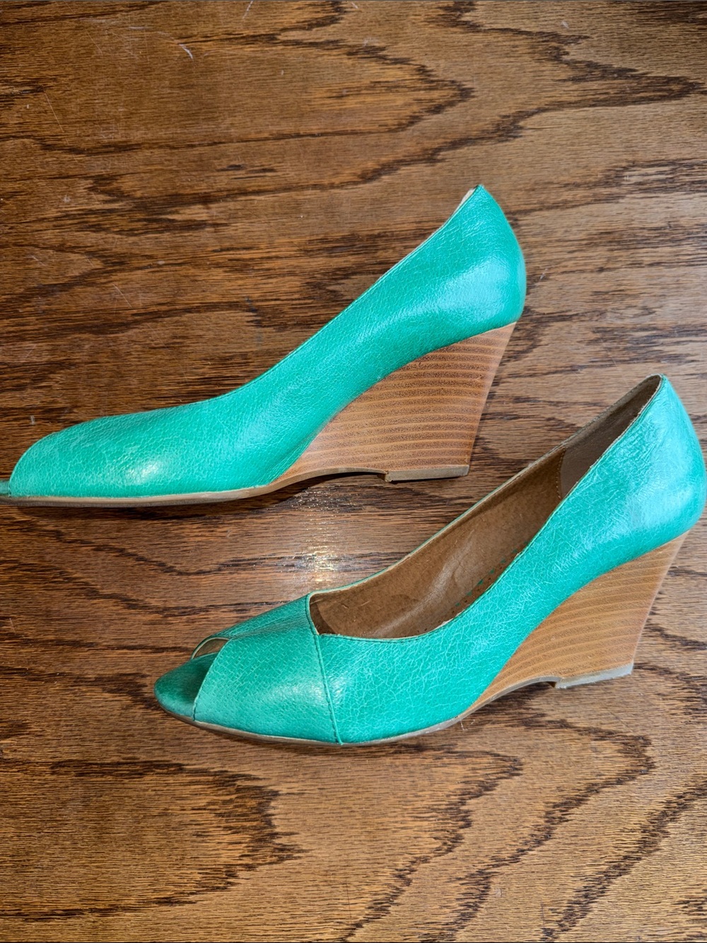 Miz Mooz Teal Peep-Toe Wedge Pumps